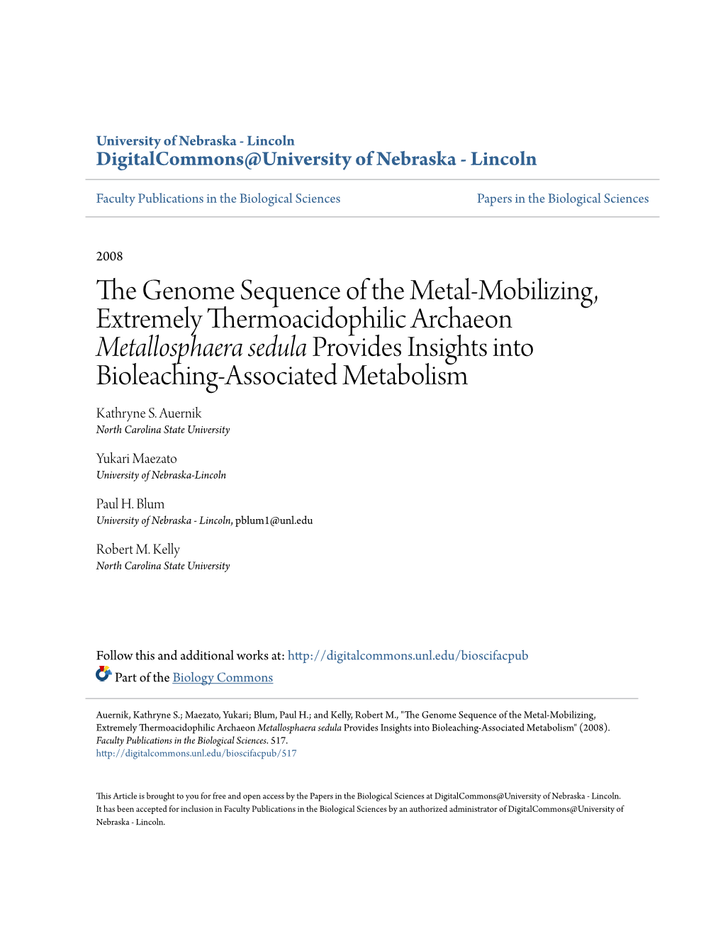 Metallosphaera Sedula Provides Insights Into Bioleaching-Associated Metabolism Kathryne S