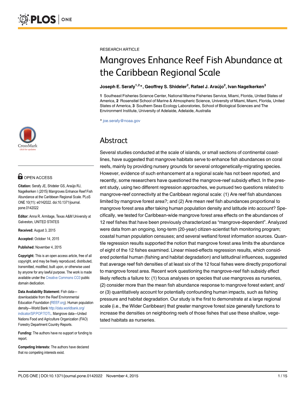 Mangroves Enhance Reef Fish Abundance at the Caribbean Regional Scale