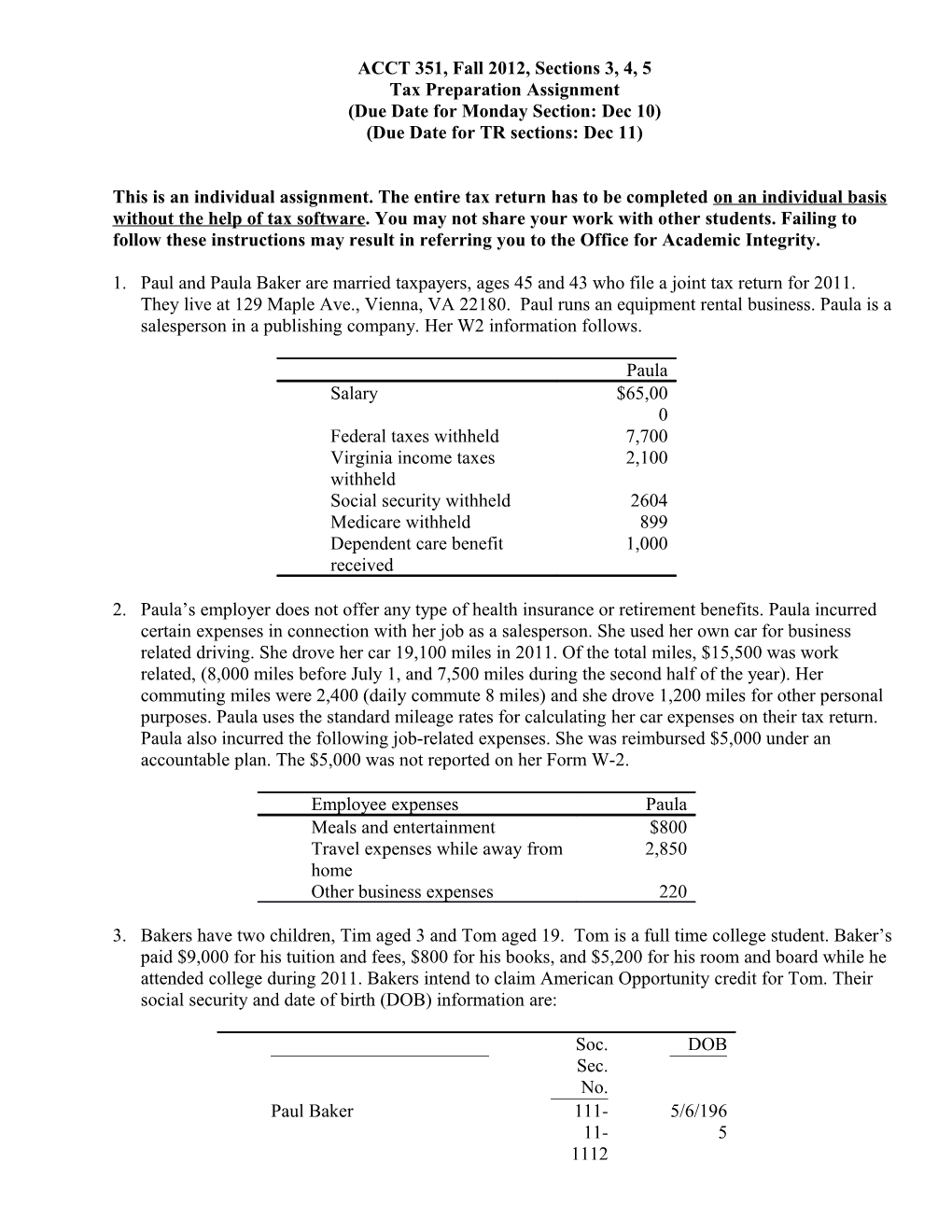 ACCT 351, Fall 2012, Sections 3, 4, 5