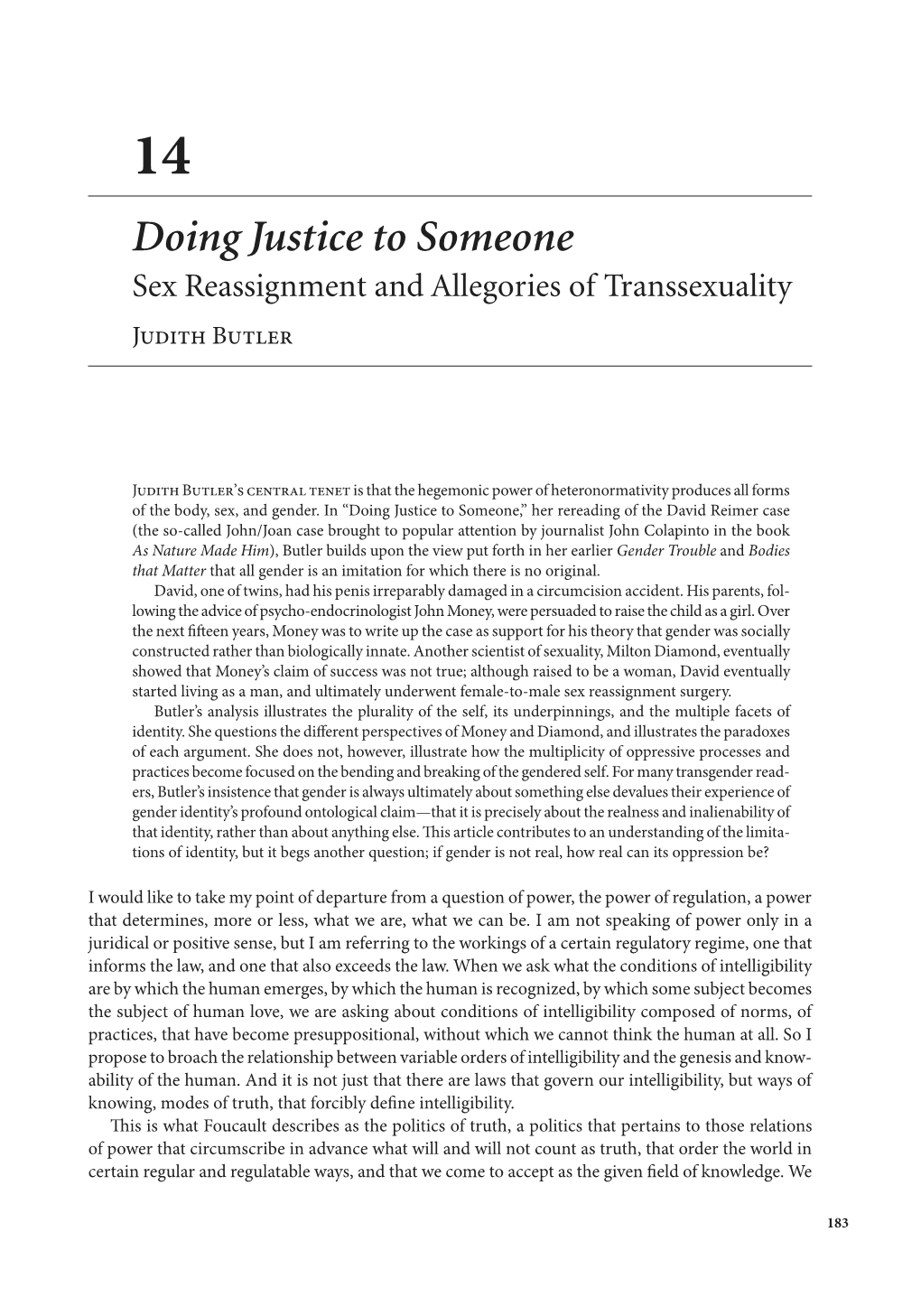 Doing Justice to Someone Sex Reassignment and Allegories of Transsexuality Judith Butler