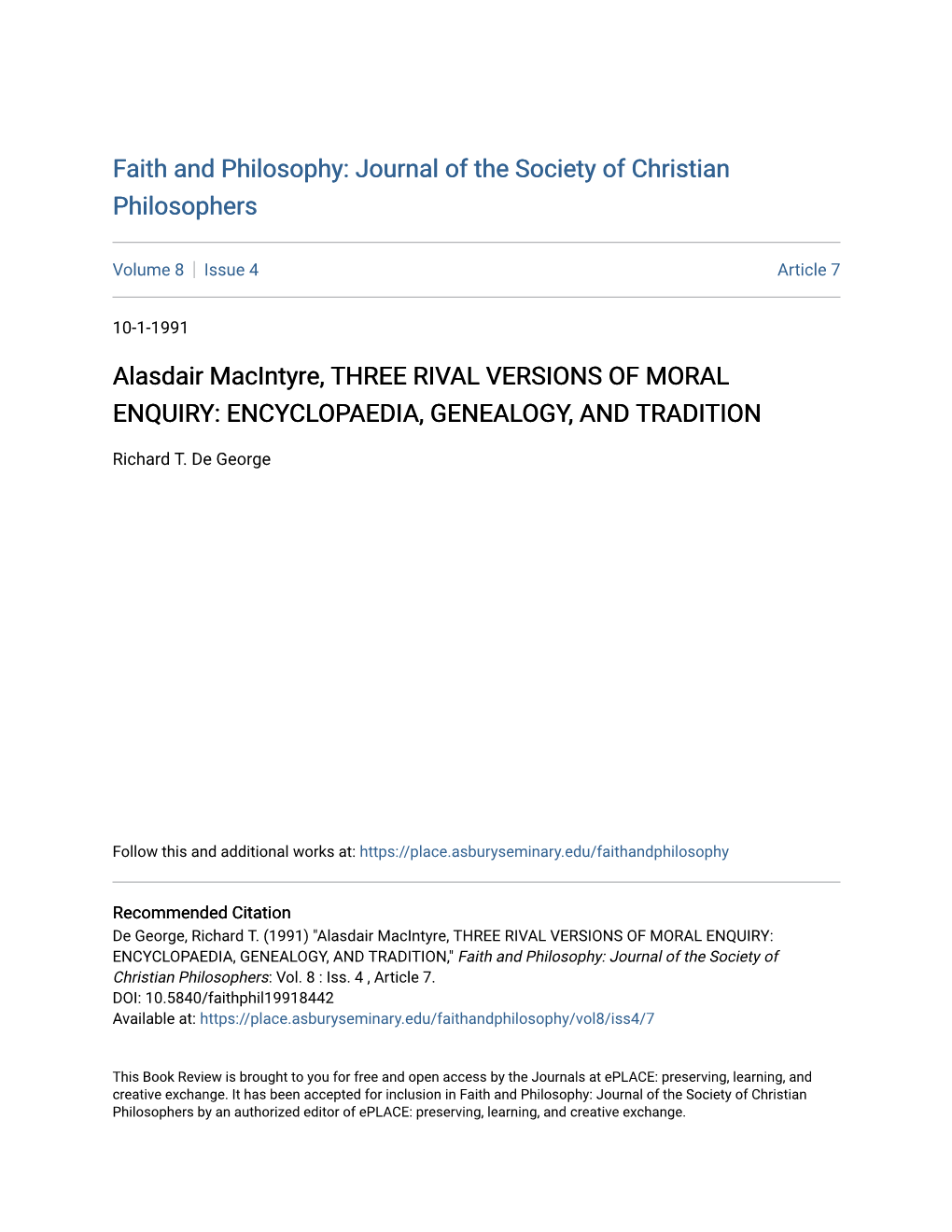 Alasdair Macintyre, THREE RIVAL VERSIONS of MORAL ENQUIRY: ENCYCLOPAEDIA, GENEALOGY, and TRADITION