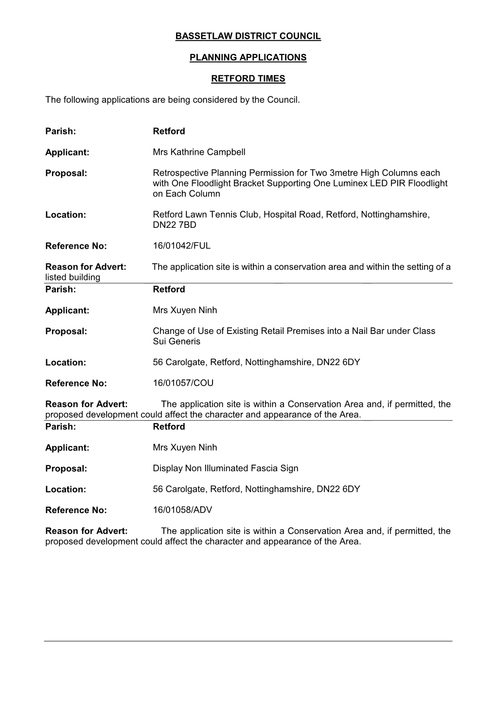 Bassetlaw District Council Planning Applications