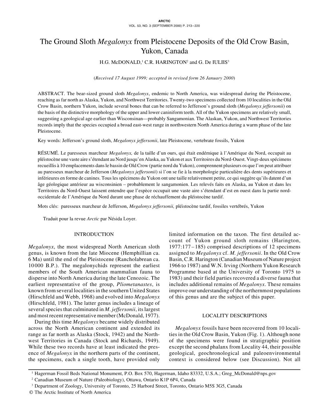 The Ground Sloth Megalonyx from Pleistocene Deposits of the Old Crow Basin, Yukon, Canada H.G