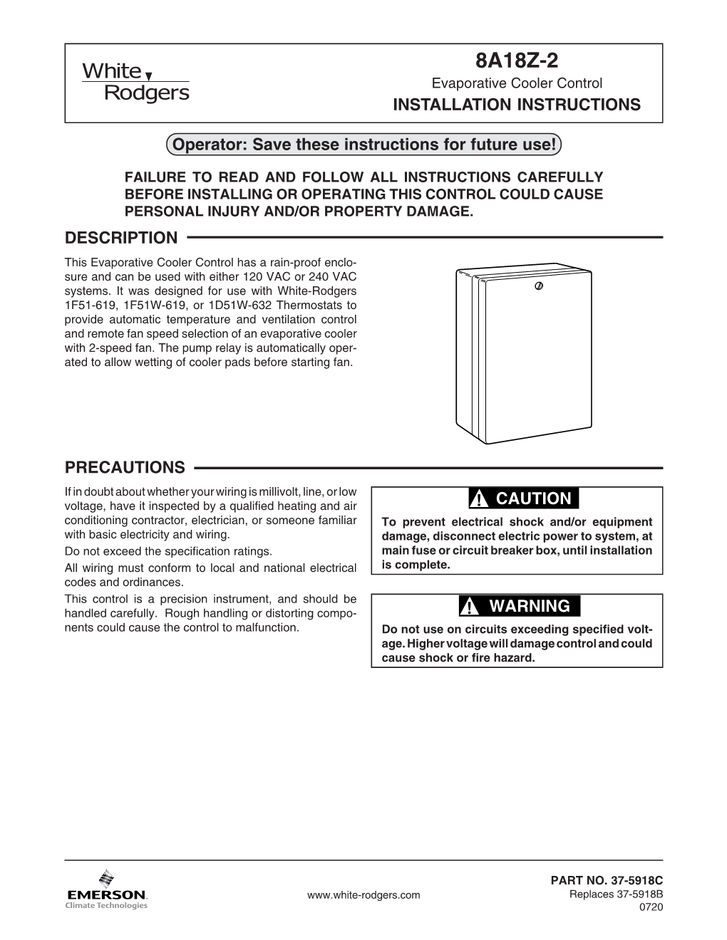 8A18Z-2 Evaporative Cooler Control INSTALLATION INSTRUCTIONS