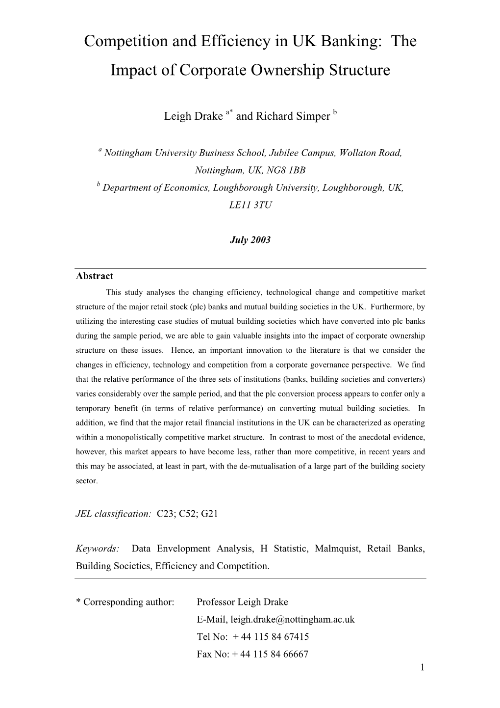 Productivity Analysis and Growth of UK Financial Intermediaries