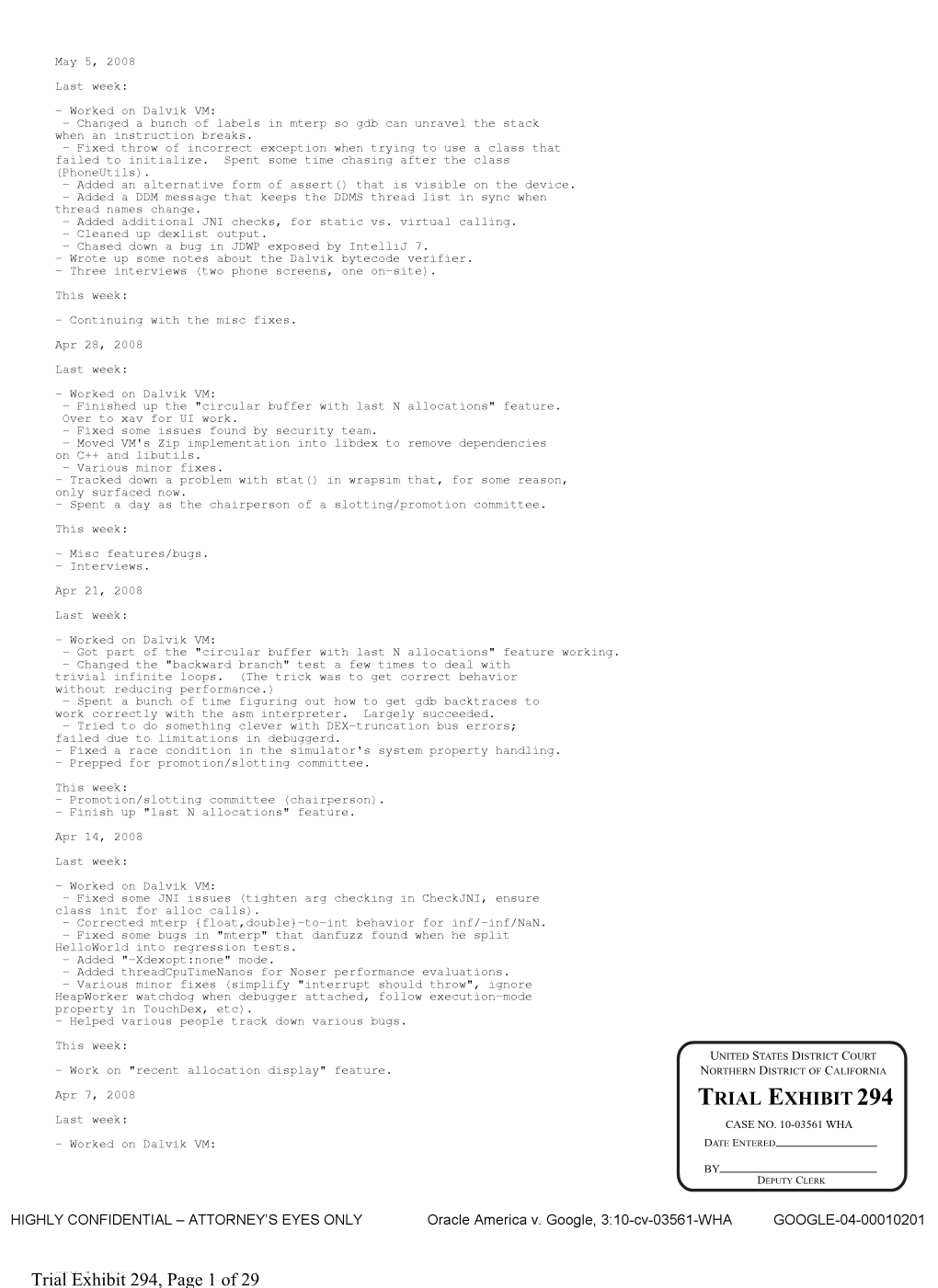 TRIAL EXHIBIT 294 Last Week: CASE NO