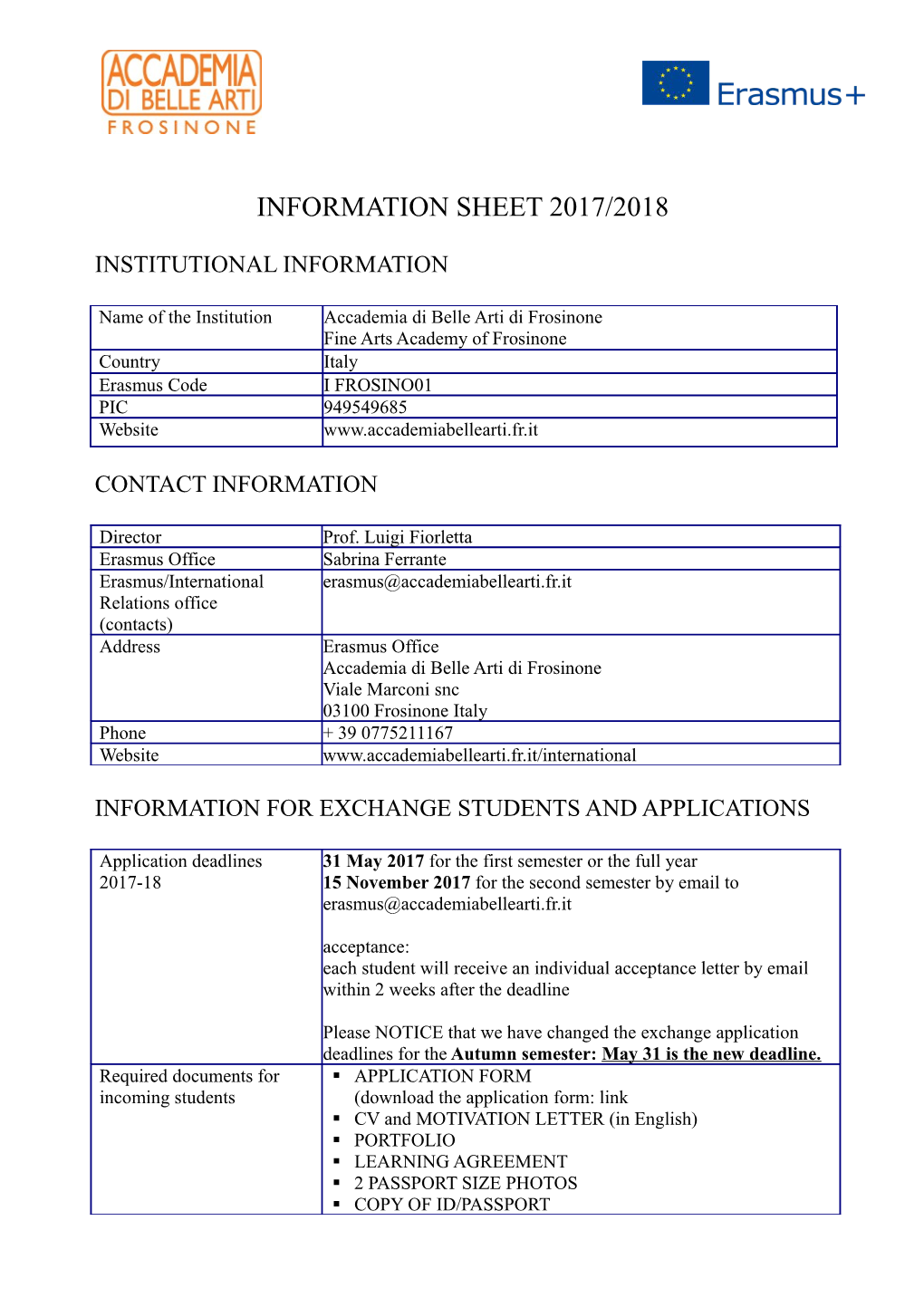 Information Sheet 2017/2018