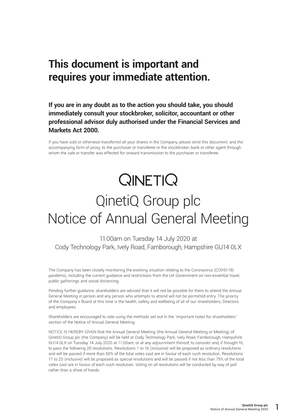 Qinetiq Group Plc Notice of Annual General Meeting