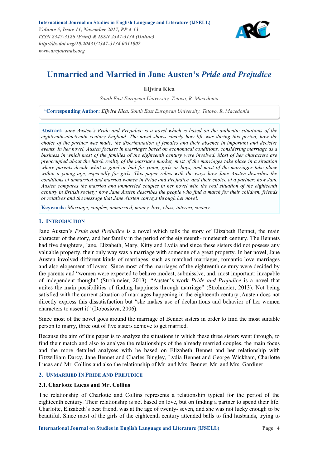 Unmarried and Married in Jane Austen's Pride and Prejudice