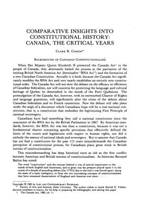 Comparative Insights Into Constitutional History: Canada, the Critical Years