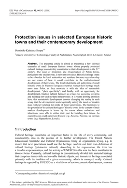 Protection Issues in Selected European Historic Towns and Their Contemporary Development
