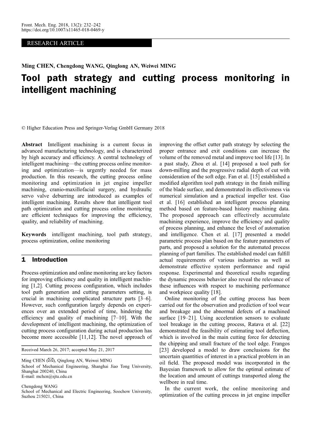 Tool Path Strategy and Cutting Process Monitoring in Intelligent Machining