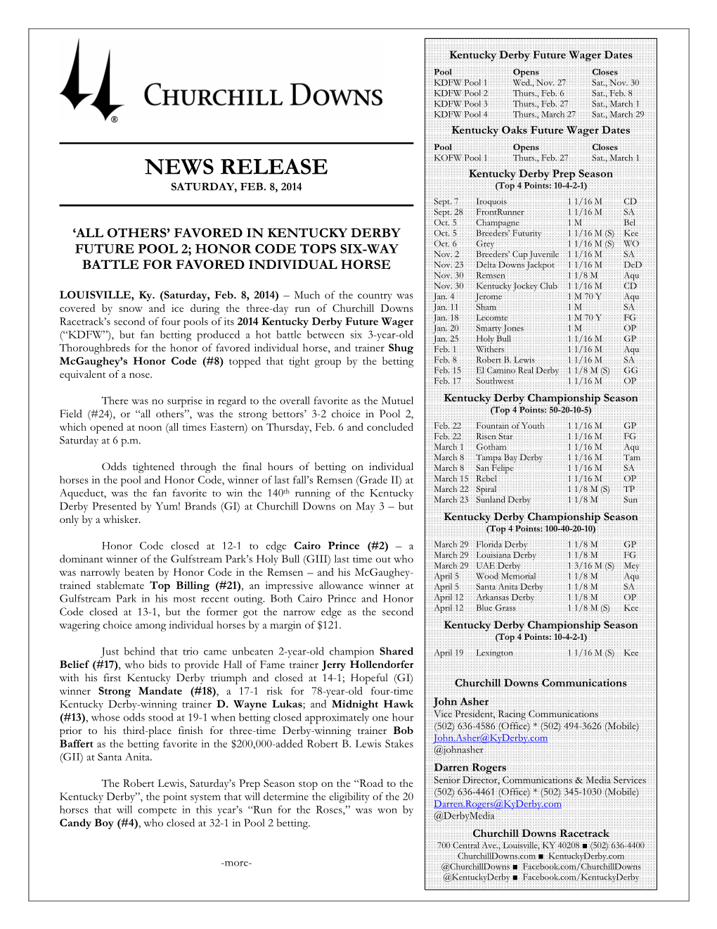 NEWS RELEASE Kentucky Derby Prep Season SATURDAY, FEB