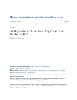 An Reynolds V. NFL: an Unsettling Requiem for the Rozelle Rule Roderick M