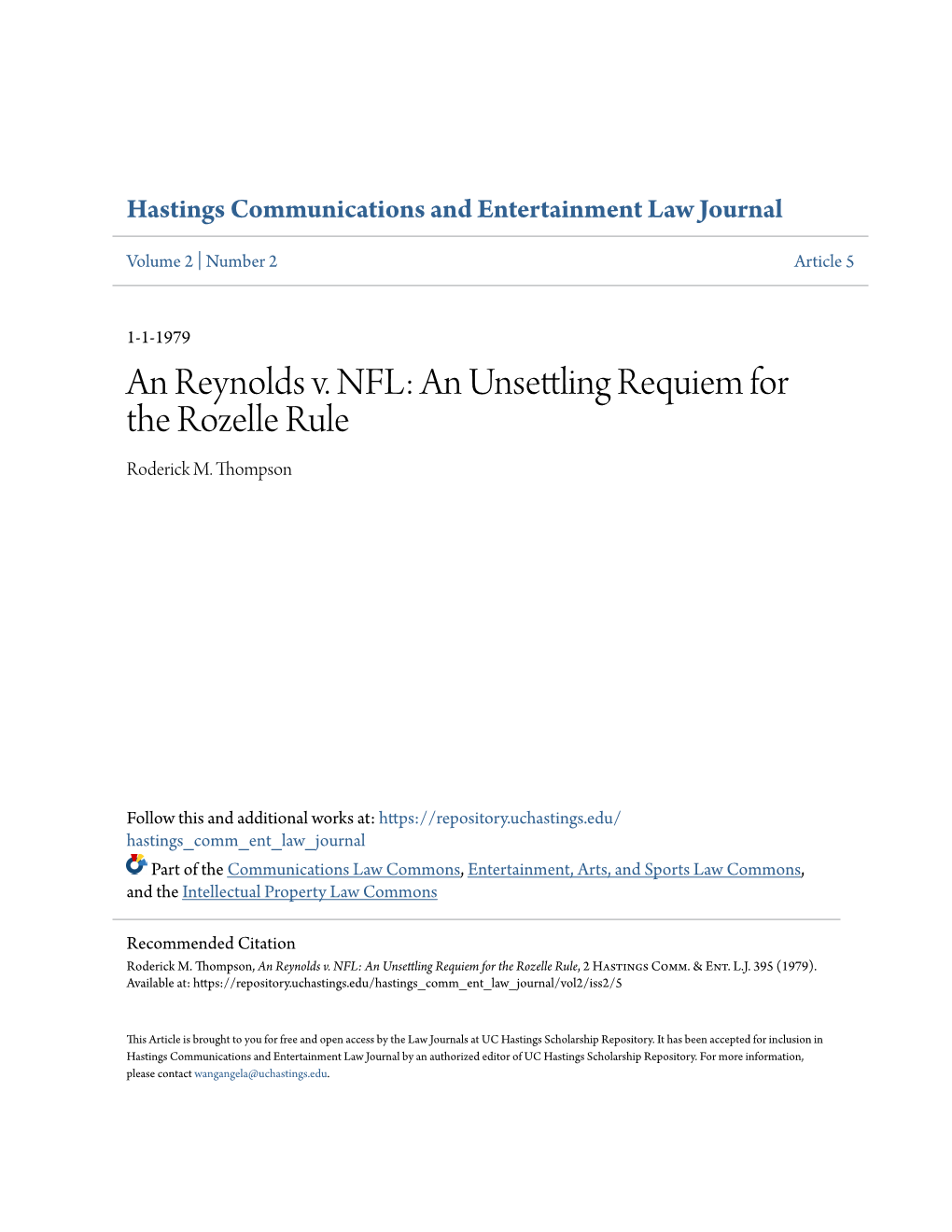 An Reynolds V. NFL: an Unsettling Requiem for the Rozelle Rule Roderick M