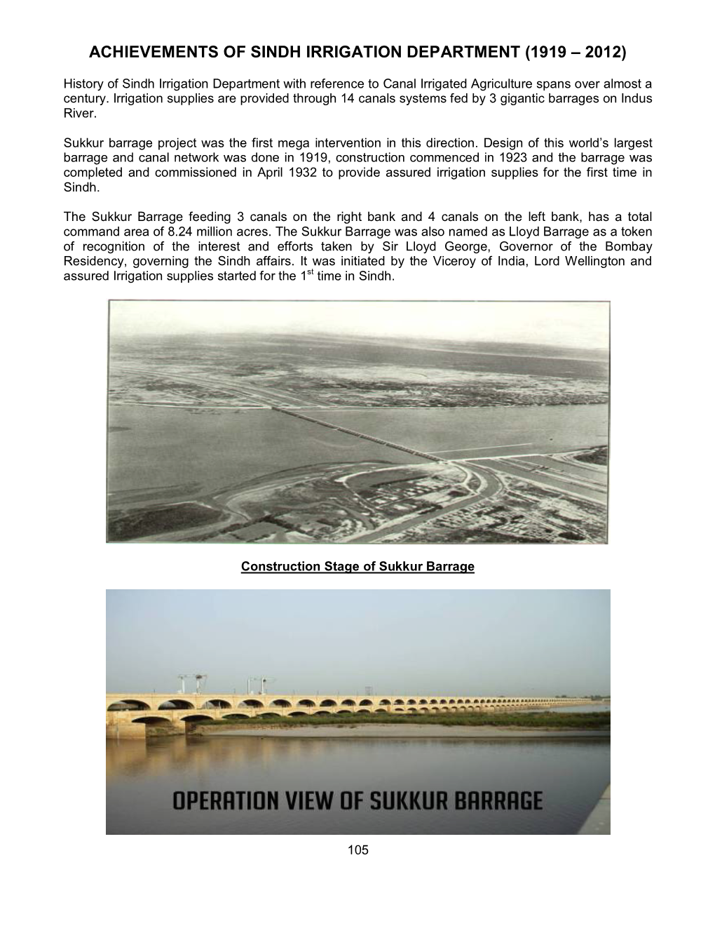 Achievements of Sindh Irrigation Department (1919 – 2012)