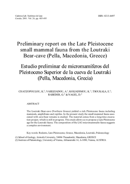 Preliminary Report on the Late Pleistocene Small