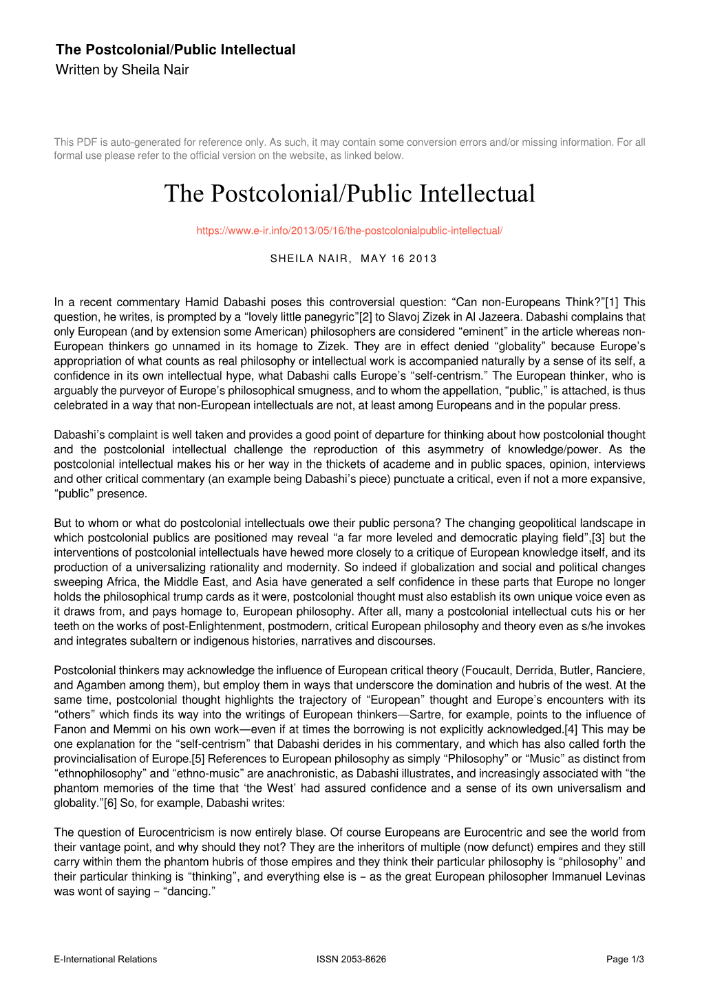 The Postcolonial/Public Intellectual Written by Sheila Nair