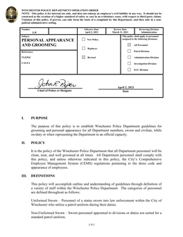 WINCHESTER POLICE DEPARTMENT OPERATION ORDER NOTE: This Policy Is for Internal Use Only, and Does Not Enlarge an Employee’S Civil Liability in Any Way