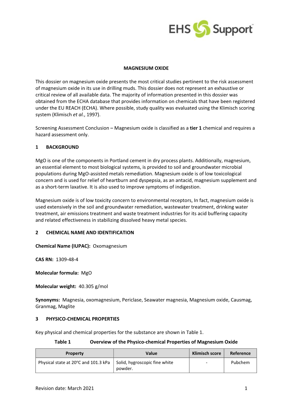 Revision Date: March 2021 1 MAGNESIUM OXIDE This Dossier