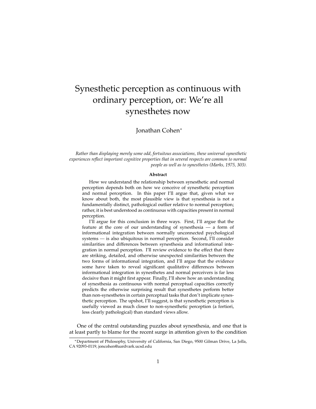 Synesthetic Perception As Continuous with Ordinary Perception, Or: We’Re All Synesthetes Now