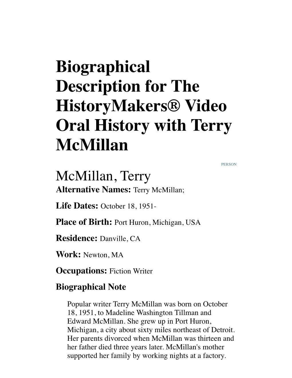 Biographical Description for the Historymakers® Video Oral History with Terry Mcmillan