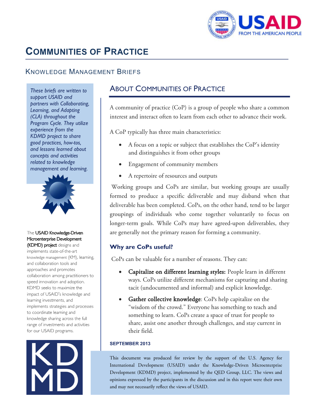 Communities of Practice: Knowledge Management Briefs