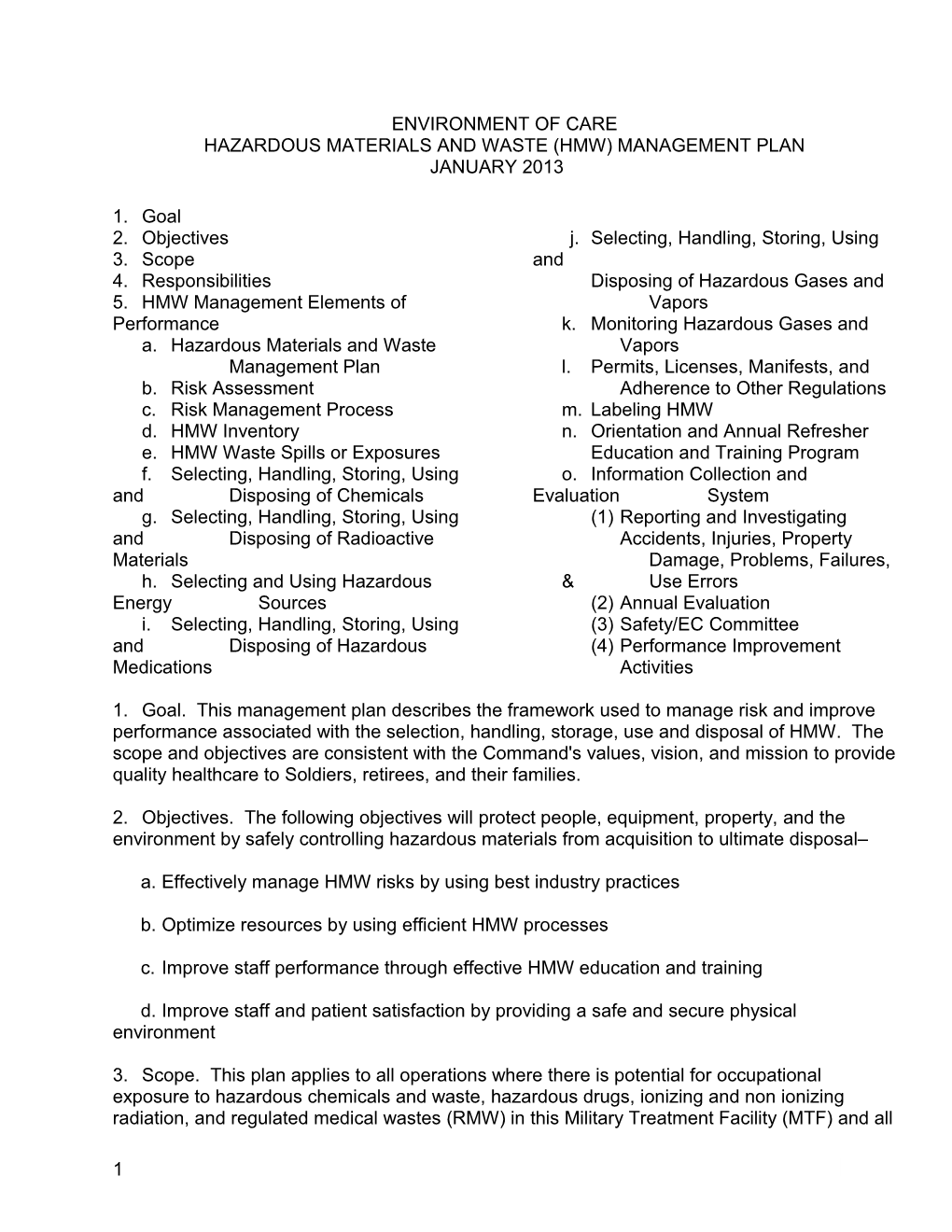 Medical Safety Template, 2013, Business, EOC Hazardous Materials and Waste (HMW) Management Plan