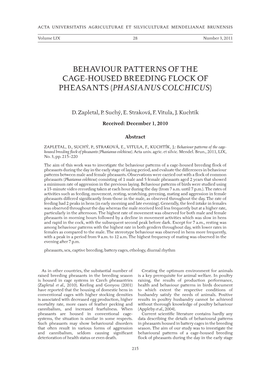 Behaviour Patterns of the Cage-Housed Breeding Flock of Pheasants (Phasianus Colchicus)