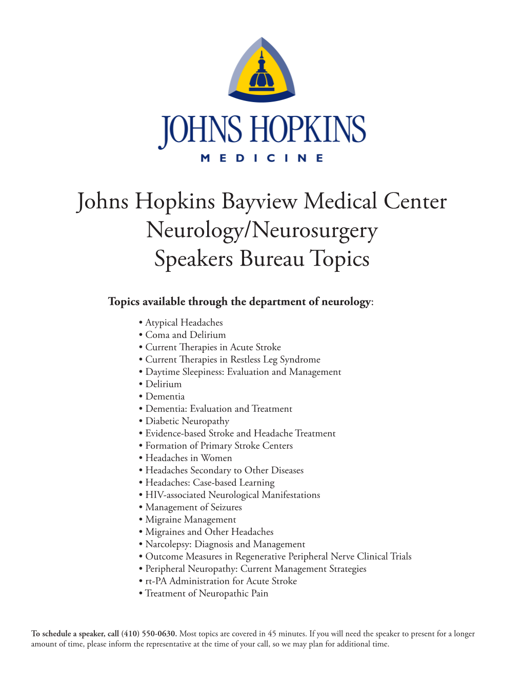 Johns Hopkins Bayview Medical Center Neurology/Neurosurgery Speakers Bureau Topics