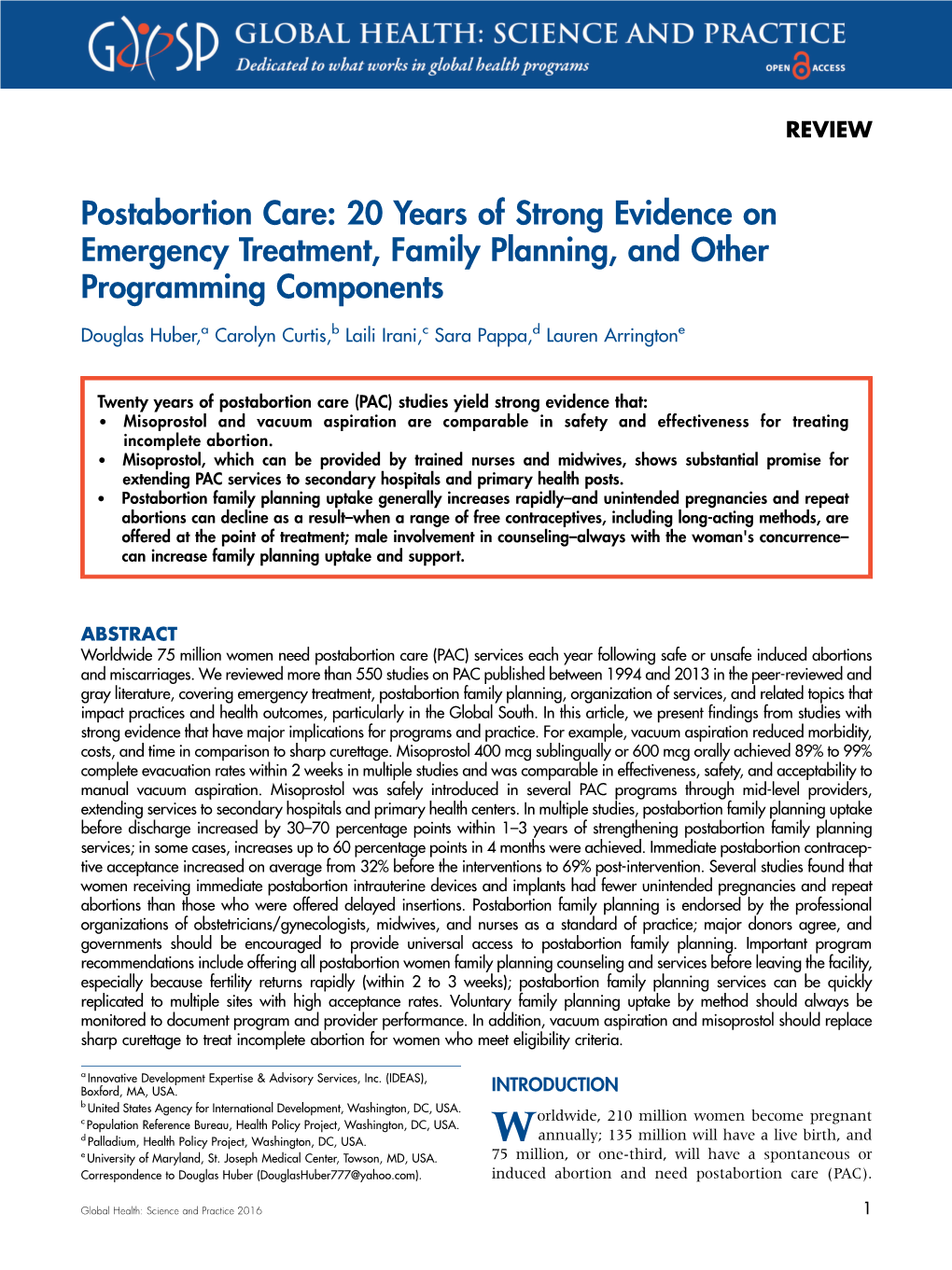 Postabortion Care: 20 Years of Strong Evidence on Emergency Treatment, Family Planning, and Other Programming Components