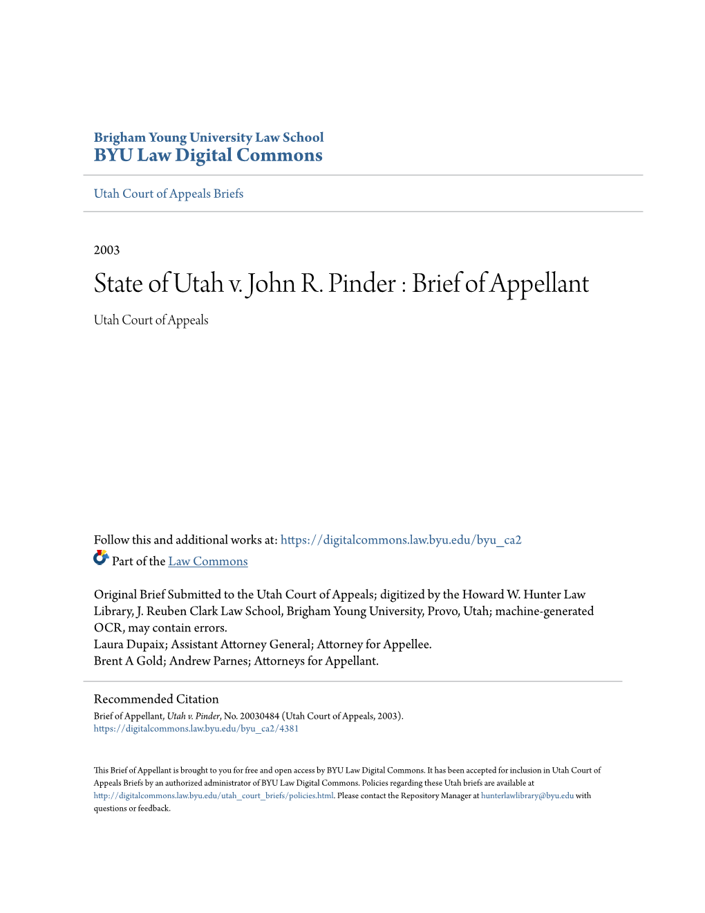 State of Utah V. John R. Pinder : Brief of Appellant Utah Court of Appeals