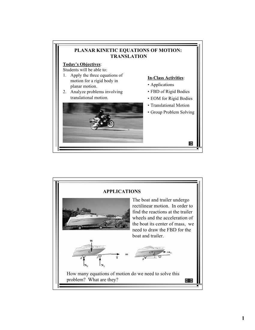 PLANAR KINETIC EQUATIONS of MOTION: TRANSLATION Today’S Objectives: Students Will Be Able To: 1