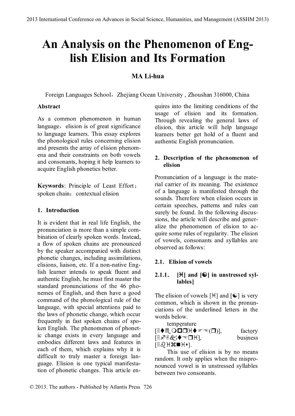 An Analysis on the Phenomenon of Eng- Lish Elision and Its Formation