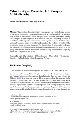 Volvocine Algae: from Simple to Complex Multicellularity