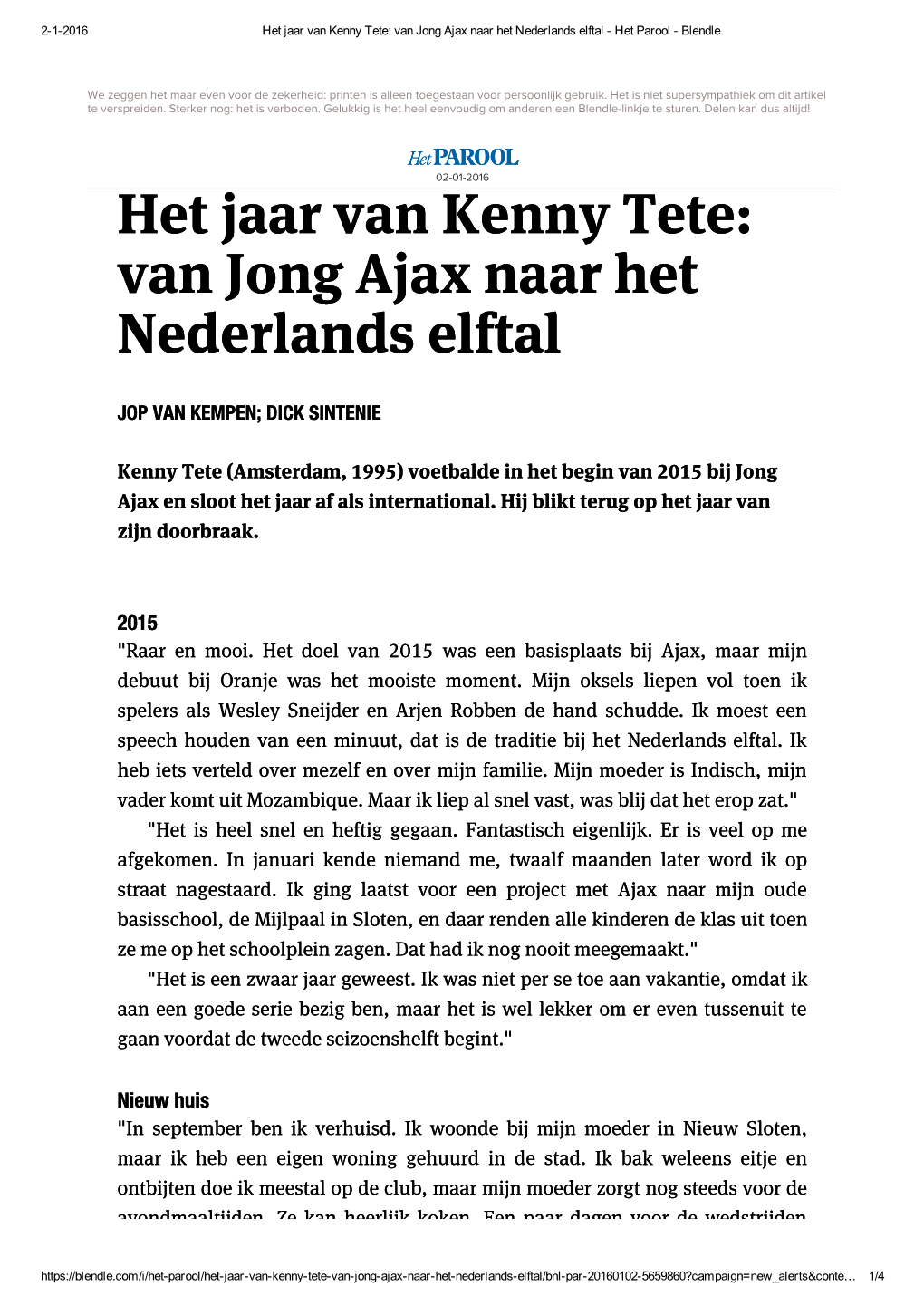 Het Jaar Van Kenny Tete: Van Jong Ajax Naar Het Nederlands Elftal Het