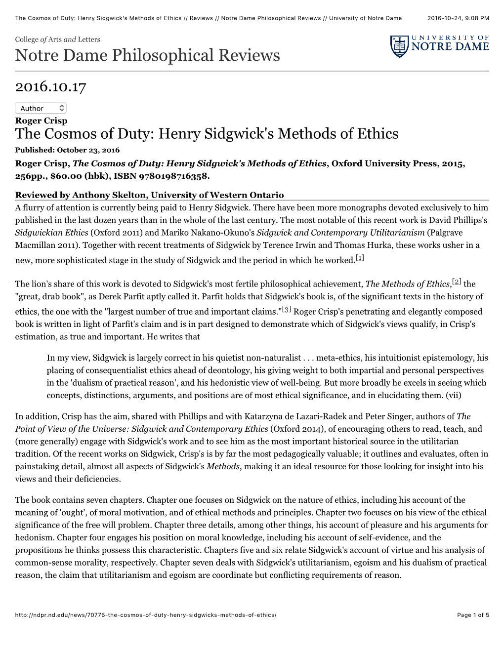 The Cosmos of Duty: Henry Sidgwick's Methods of Ethics // Reviews // Notre Dame Philosophical Reviews // University of Notre Dame 2016-10-24, 9:08 PM