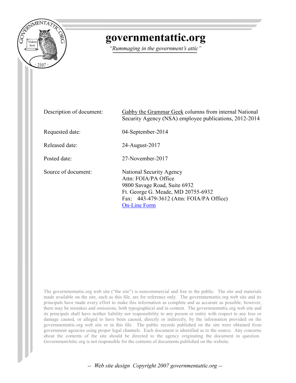 Gabby the Grammar Geek Columns from Internal National Security Agency (NSA) Employee Publications, 2012-2014