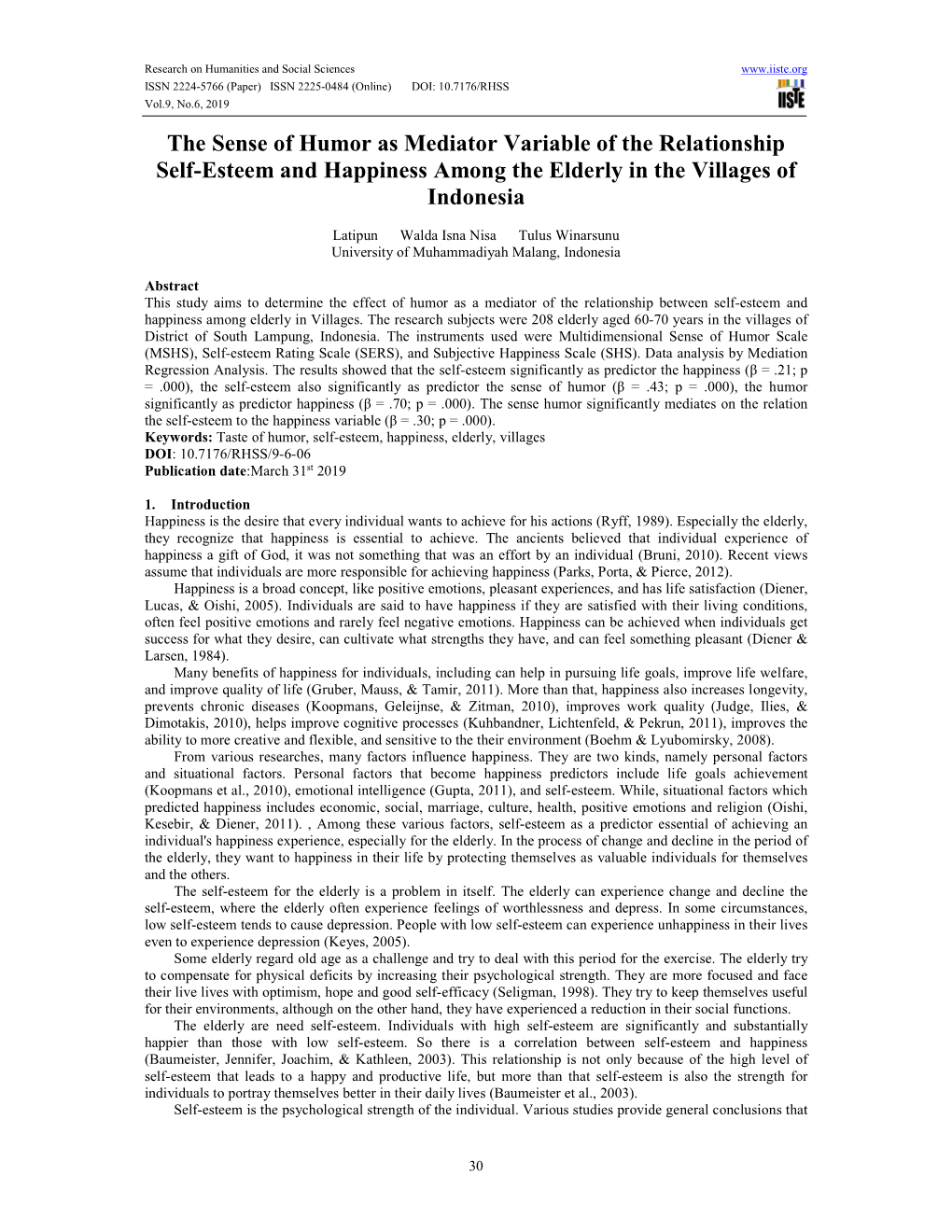 The Sense of Humor As Mediator Variable of the Relationship Self-Esteem and Happiness Among the Elderly in the Villages of Indonesia