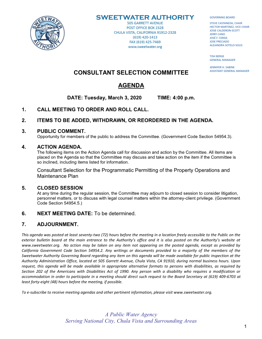 Consultant Selection Committee Agenda