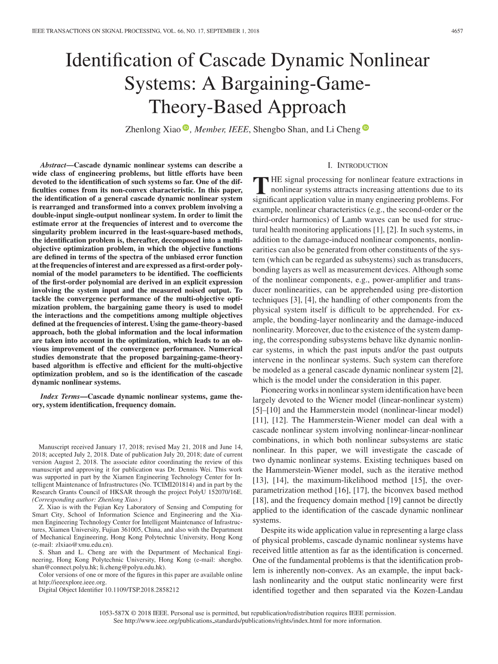 Identification of Cascade Dynamic Nonlinear Systems: a Bargaining-Game-Theory-Based Approach 4659