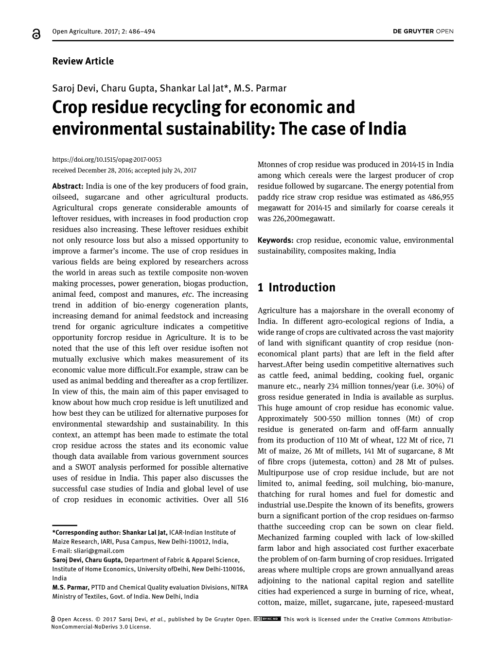 Crop Residue Recycling for Economic and Environmental Sustainability