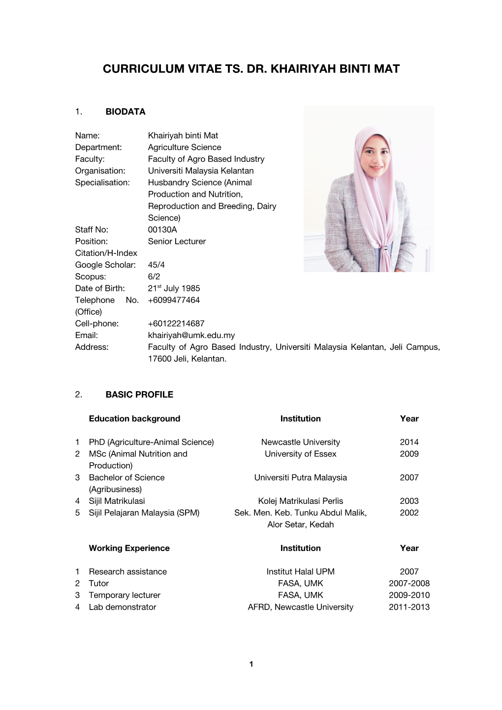 Curriculum Vitae Ts. Dr. Khairiyah Binti Mat