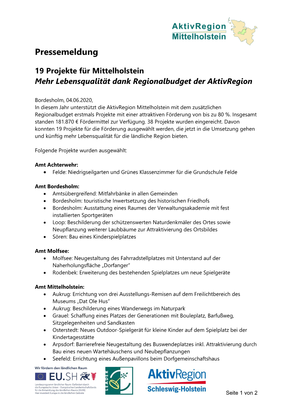 Die Regionalbudgetprojekte 2020