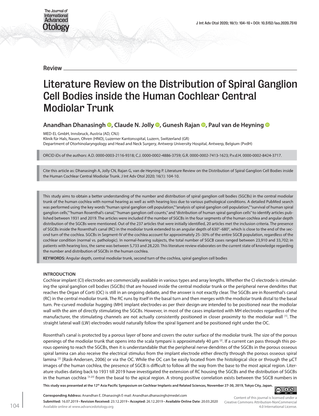 Literature Review on the Distribution of Spiral Ganglion Cell Bodies Inside the Human Cochlear Central Modiolar Trunk