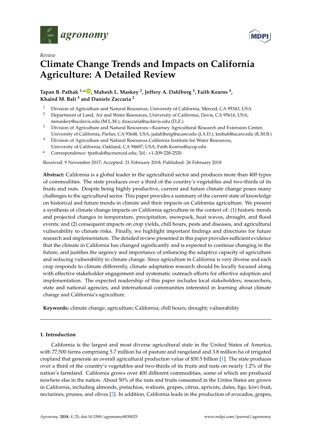 Climate Change Trends and Impacts on California Agriculture: a Detailed Review