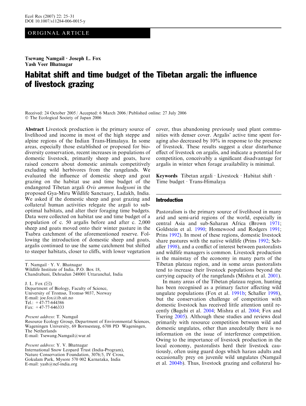 Habitat Shift and Time Budget of the Tibetan Argali: the Influence Of