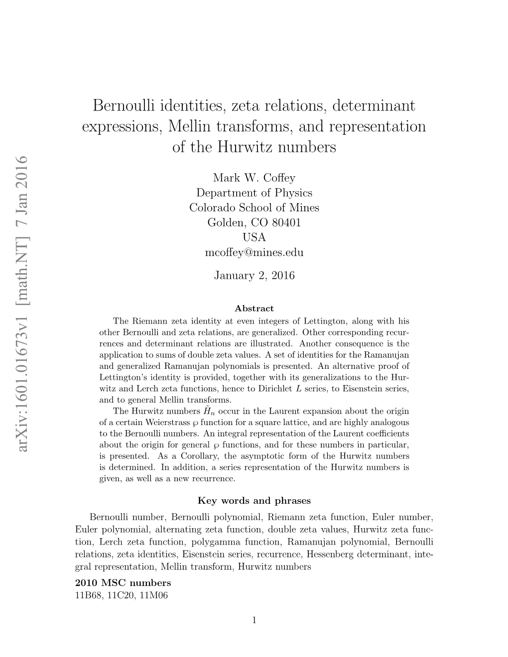 Bernoulli Identities, Zeta Relations, Determinant Expressions, Mellin