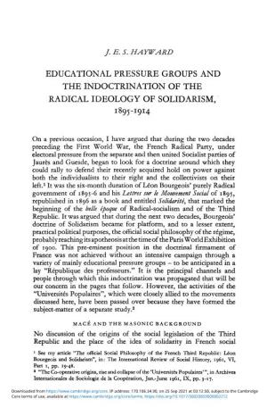 Educational Pressure Groups and the Indoctrination of the Radical Ideology of Solidarism, 1895-1914