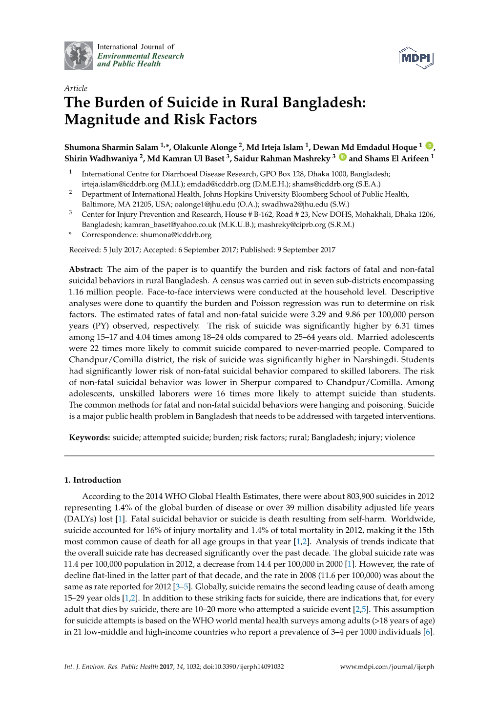 The Burden of Suicide in Rural Bangladesh: Magnitude and Risk Factors